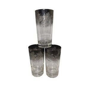 Vintage Silver Rim Highball Glasses Floral Leaf Design Set of 3 Barware